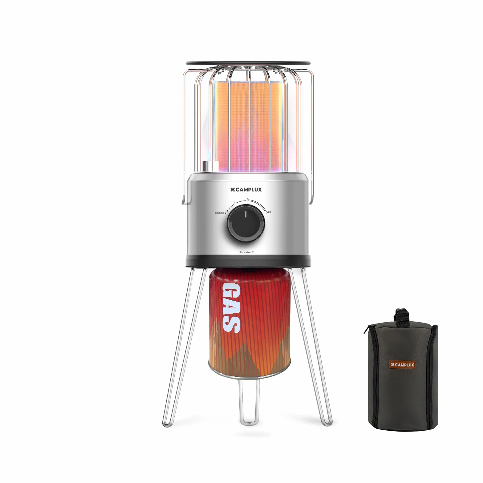 CAMPLUX Nano Tragbarer Gasheizer, 2,34 kW, 2 Stufen, 360° Outdoor-Heizung, 29 mbar Butan, ODS & Kippschutz, Ideal für Camping, Angeln & Garten, NanoAir 2