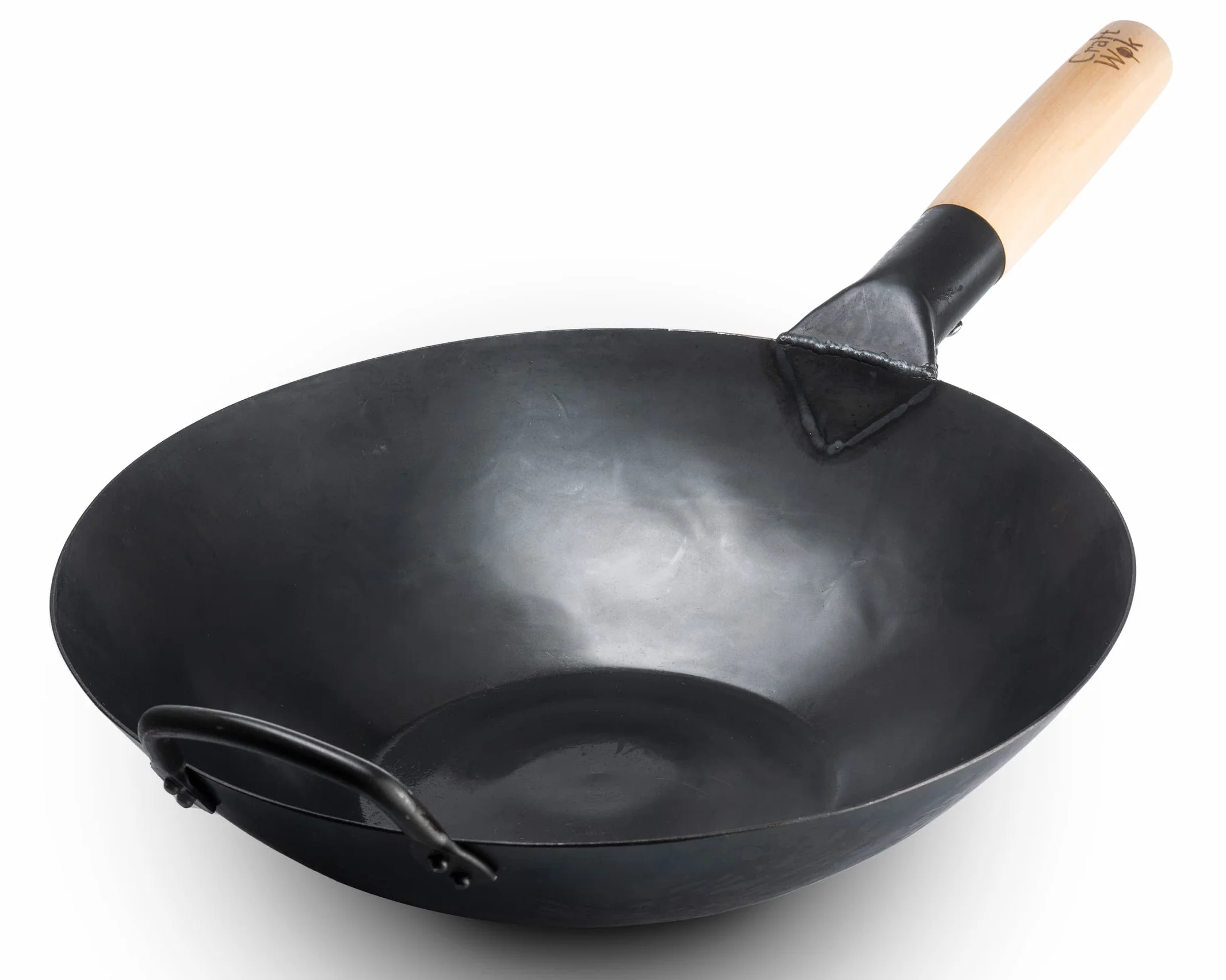 Craft Wok Black13 By Flacher, vorgeworfener Hämmerung Kohlenstoffstahl Wok mit Holz- und Stahlhilfsgriff (13 Zoll, flacher Boden)