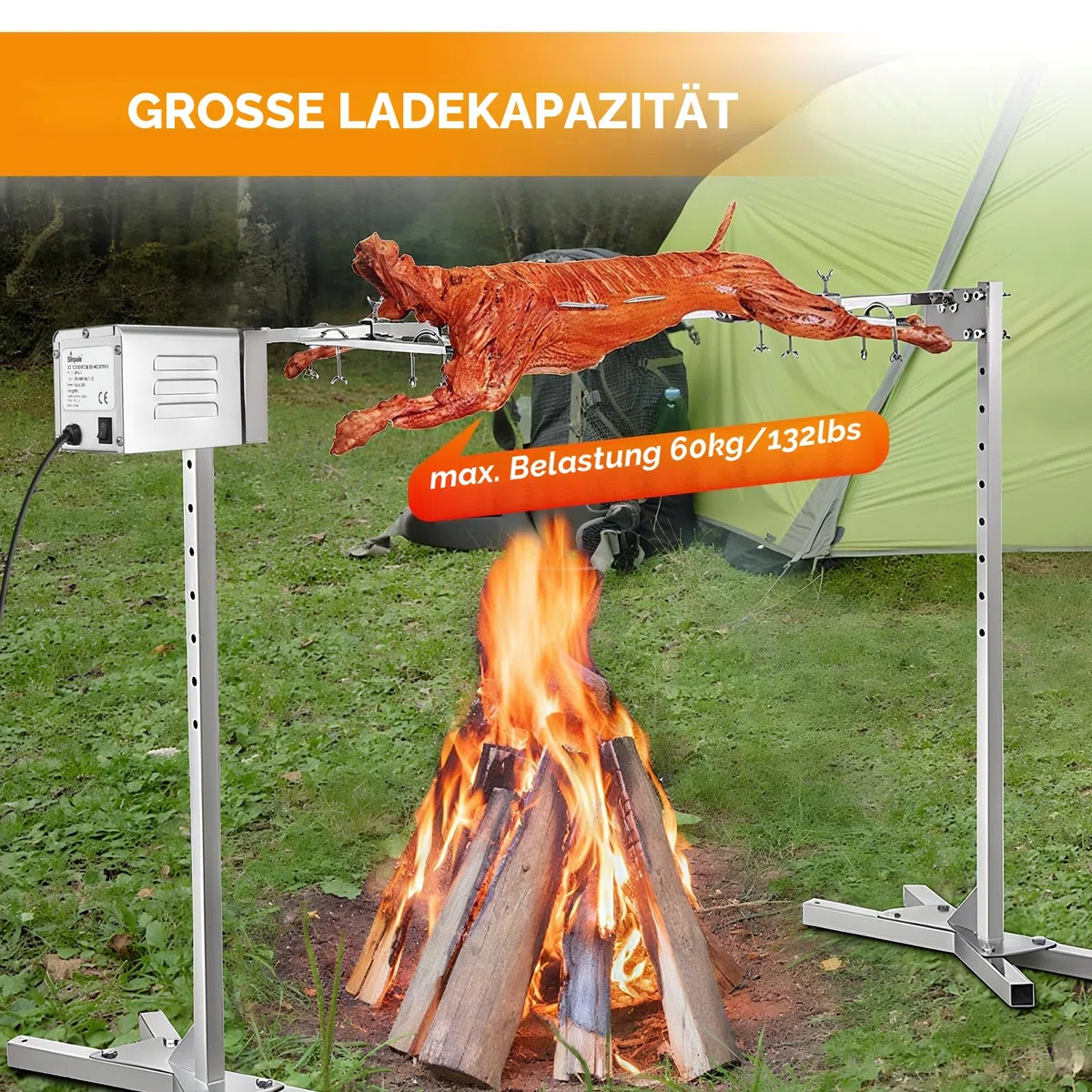 15W SP-S40 60KG/132LBS Edelstahl BBQ Grill Zubehör 2.7 RPM Bräter Elektromotor Ziegenschwein Huhn BBQ Spieß Rotisserie Roaster Grill