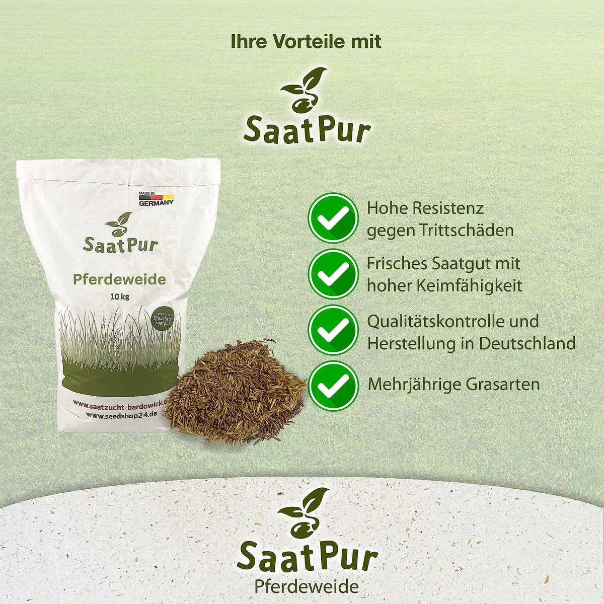 SaatPur® Pferdeweide Fruktanarm, 10 kg für 3.000 m², Reduziert die Hufrehe, Hoher Futterwert für strukturreiches Futter, dichte Narbe, Neusaat und Nachsaat