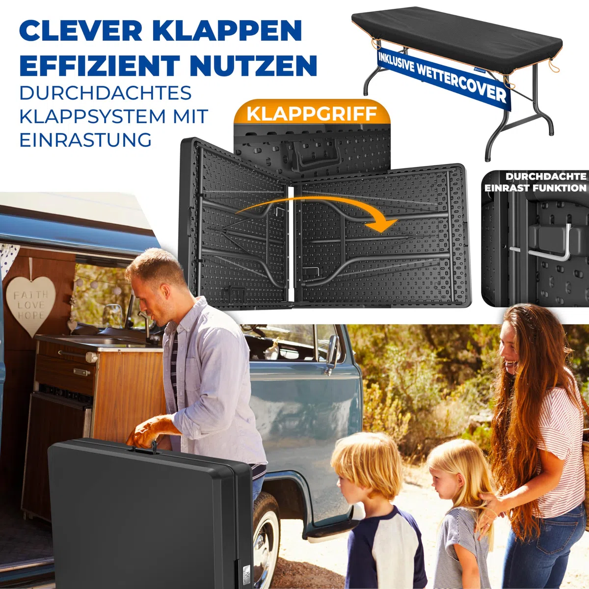 KESSER® Buffettisch Tisch klappbar Kunststoff 183x76 cm Campingtisch Partytisch Klapptisch Gartentisch für Garten, Terrasse und Balkon zusammenklappbar 6 Personen inkl. Cover & Tragegriff, Anthrazit