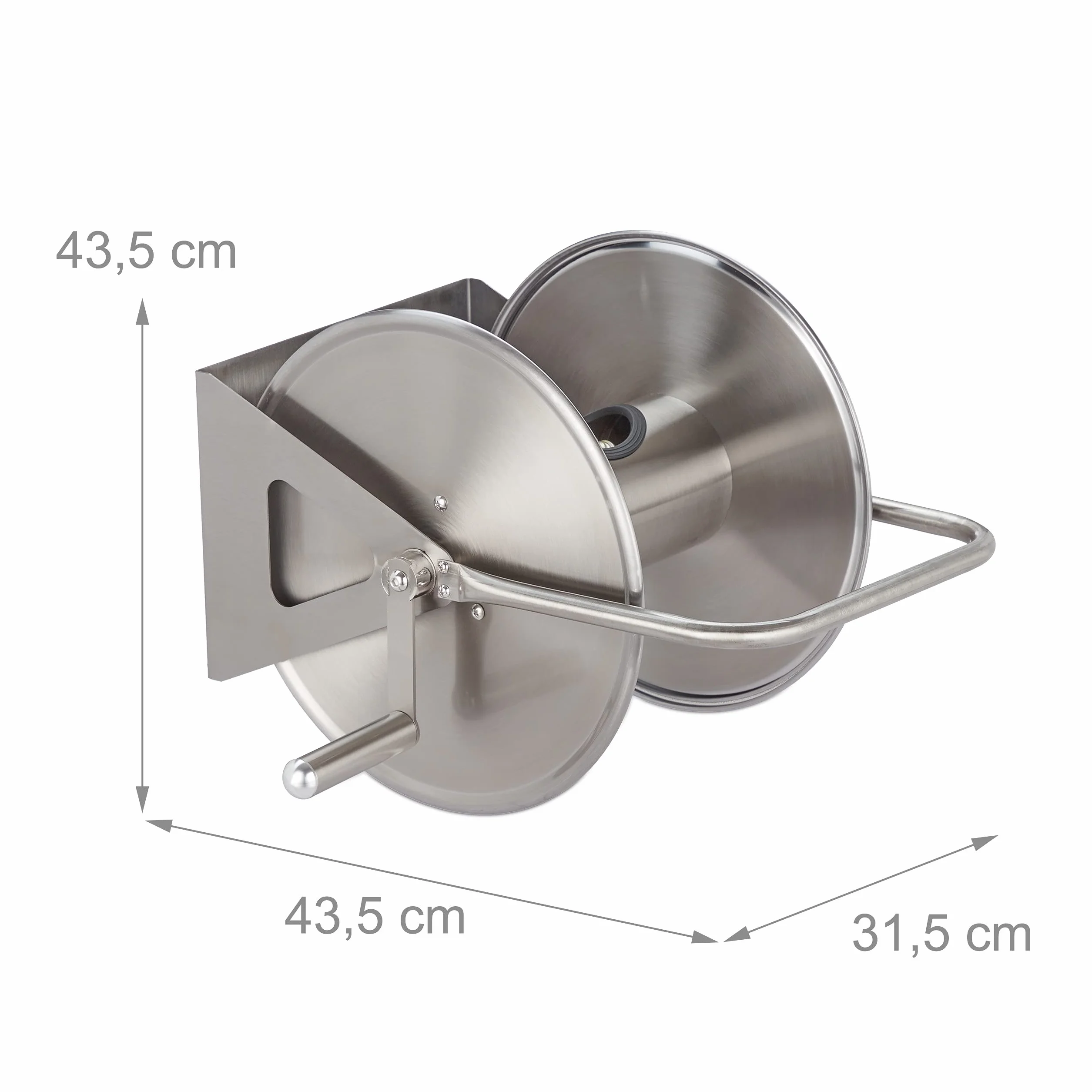 Relaxdays Schlauchtrommel Edelstahl, Schlauchaufroller leer, Boden & Wand, für 40m Gartenschlauch, Schlauchrolle, silber, 43.5 x 43.5 x 31.5 cm