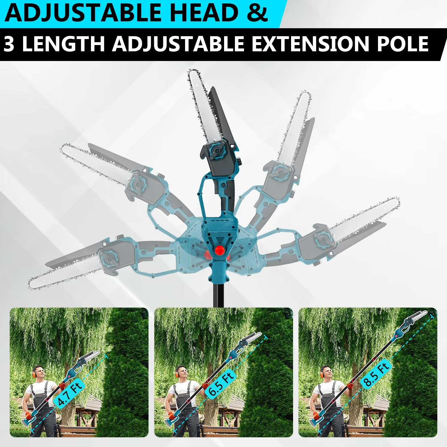 Akku Hochentaster Ast Kettensäge Profi-Astsäge kompatibel mit Makita 18V, 6 Zoll Bürstenlose 2 in 1 Astsäge mit Teleskopstiel und Teleskop Elektro Hochentaster Asts-äge Arbeitshöhe 4,5m (on Akku)
