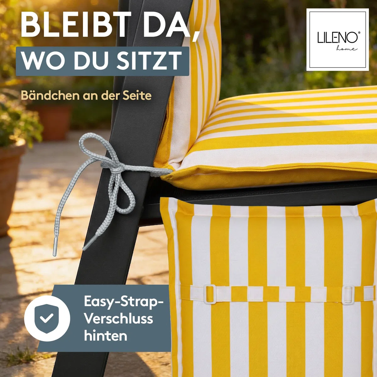 LILENO HOME Gartenstuhl Auflagen als [2er Set - Niedriglehner] in Blockstreifen Gelb - Bequeme Liegen als Sitzauflagen für Gartenmöbel - Stuhlkissen für Gartenstühle und Klappstühle