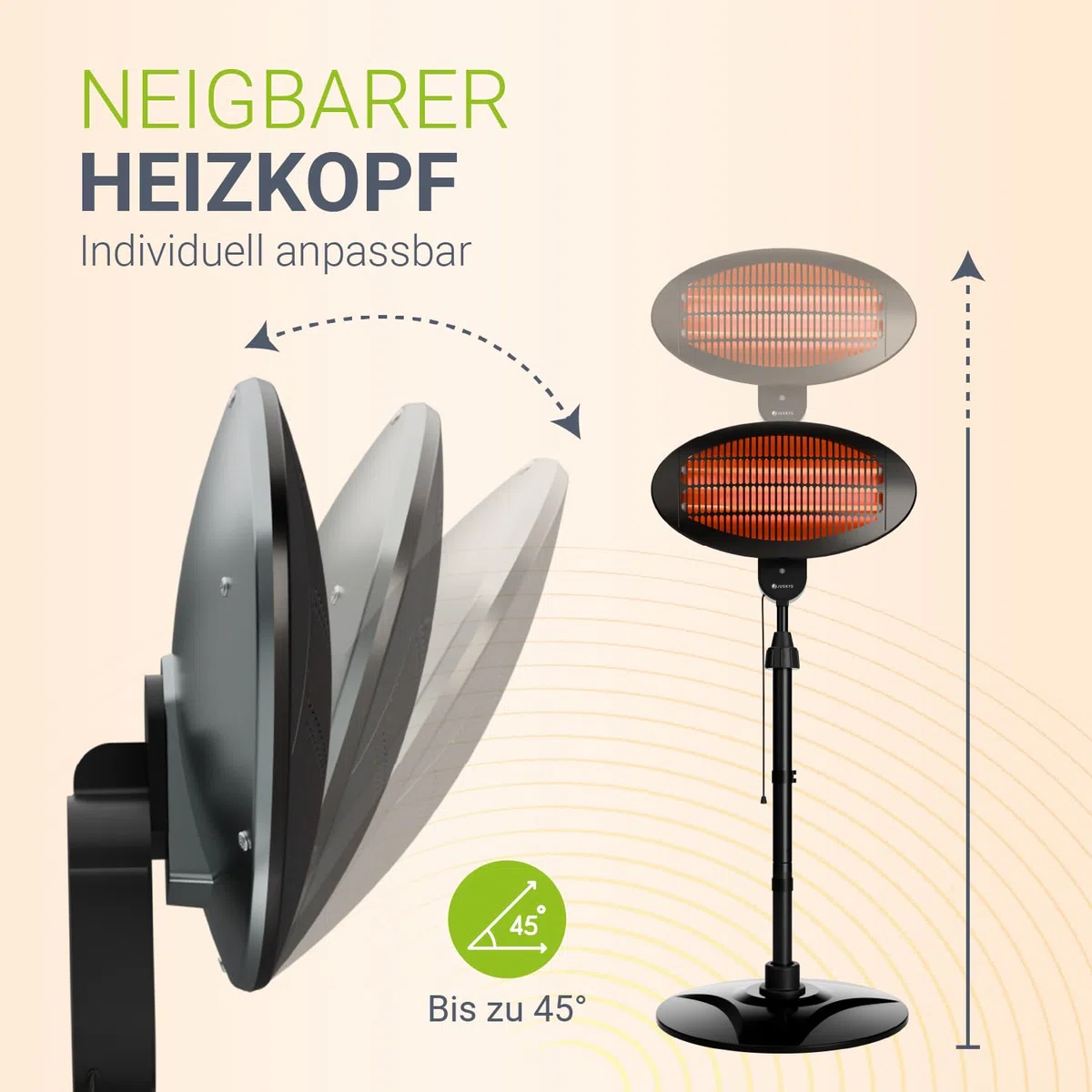 Juskys Infrarotstrahler 2000 W – Heizstrahler in Schwarz, höhenverstellbarer Standheizstrahler, 3 Heizstufen für Terrasse & Garten
