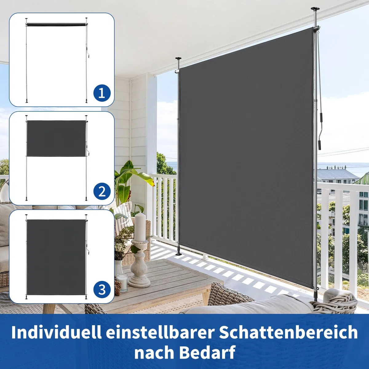 LEADZM Klemmmarkise Senkrechtmarkise 200x305 cm,Ausziehbar & Blickdicht, UV-Schutz 50+ & Wasserfest, Ohne Bohren mit Handkurbel für Garten, Terrasse, Balkon&Wohnzimmer,Anthrazit