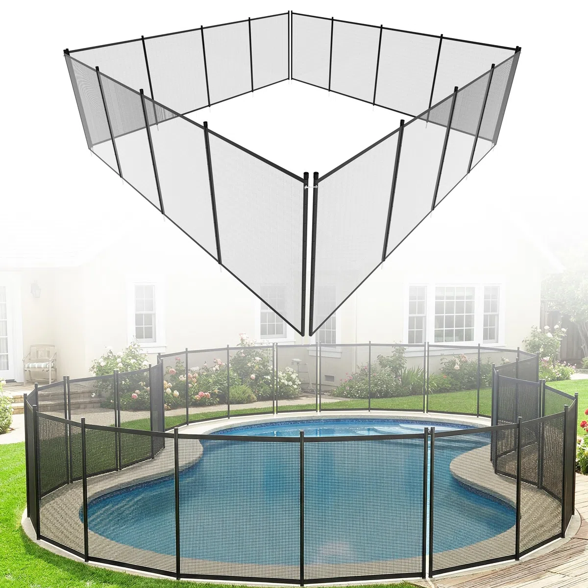 Aufun Poolzaun Kinder­sicher 362×136 cm, Abnehmbarer Poolschutzzaun mit Fuß Steckzaun– Flexibler Gartenzaun Teichzaun, Aufrollbar und Erweiterbar für Pool, Terrasse Garten Kinder Schutzzaun, Schwarz
