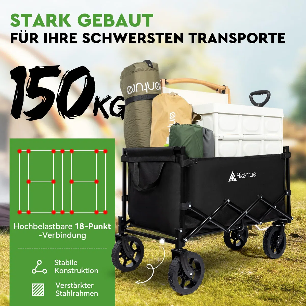 HIKENTURE Bollerwagen Faltbar mit Bremen - 140 Liter Volumen & 150KG belastbar - Extrem Faltbarer Bollerwagen - Klappbarer Handwagen Einkaufstrolley für Strand Camping Einkauf