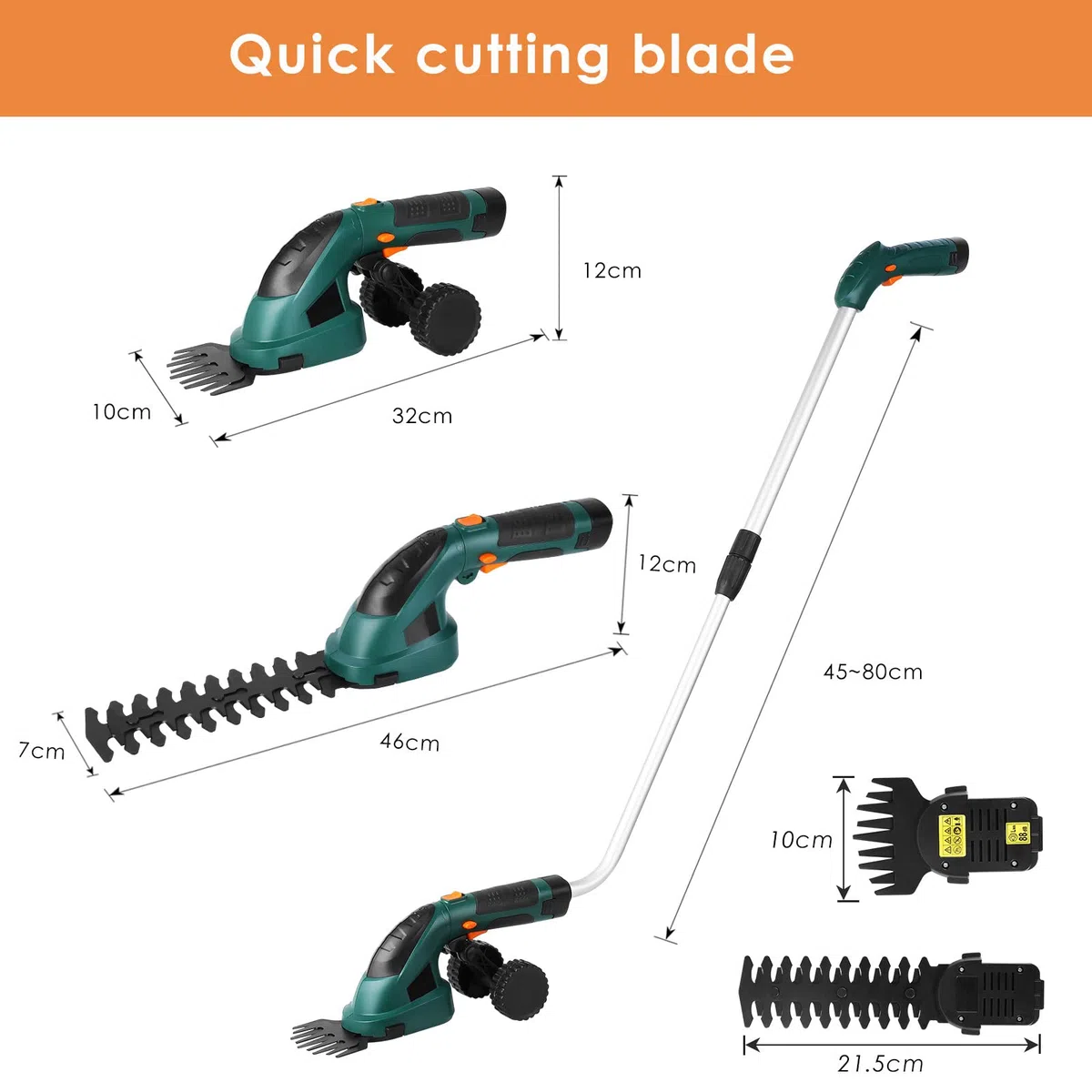 Akku-Grasschere 7,2V 2000mAh 2-in-1 Rasenschere Heckenschere mit Teleskopstiel Akku und Ladegerät Strauchtrimmer handliche Grasscheren mit 2 Verschiedene Messer