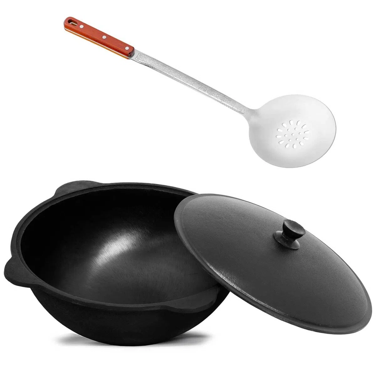 Wok Gusseisen 12 L (runder Boden) Kazan mit Schaumkelle NAMANGAN Uzbek Kasan Uzbekisch Asia WOK Cast Iron KESSEL Camping Usbek Schwenktopf Topf mit Aluminium Deckel Grillwok Gusstopf Wokpfanne