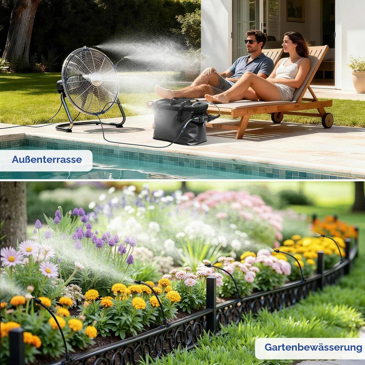 26 FT Tragbare Misters für Außenterrasse - Outdoor-Misters für Sommerkühlung, tragbares Besprühungssystem mit 4500mAh Wasserpumpe, 20L Eimer, 8 Düsen, Wassernebler für Terrasse/Schirm/Camping