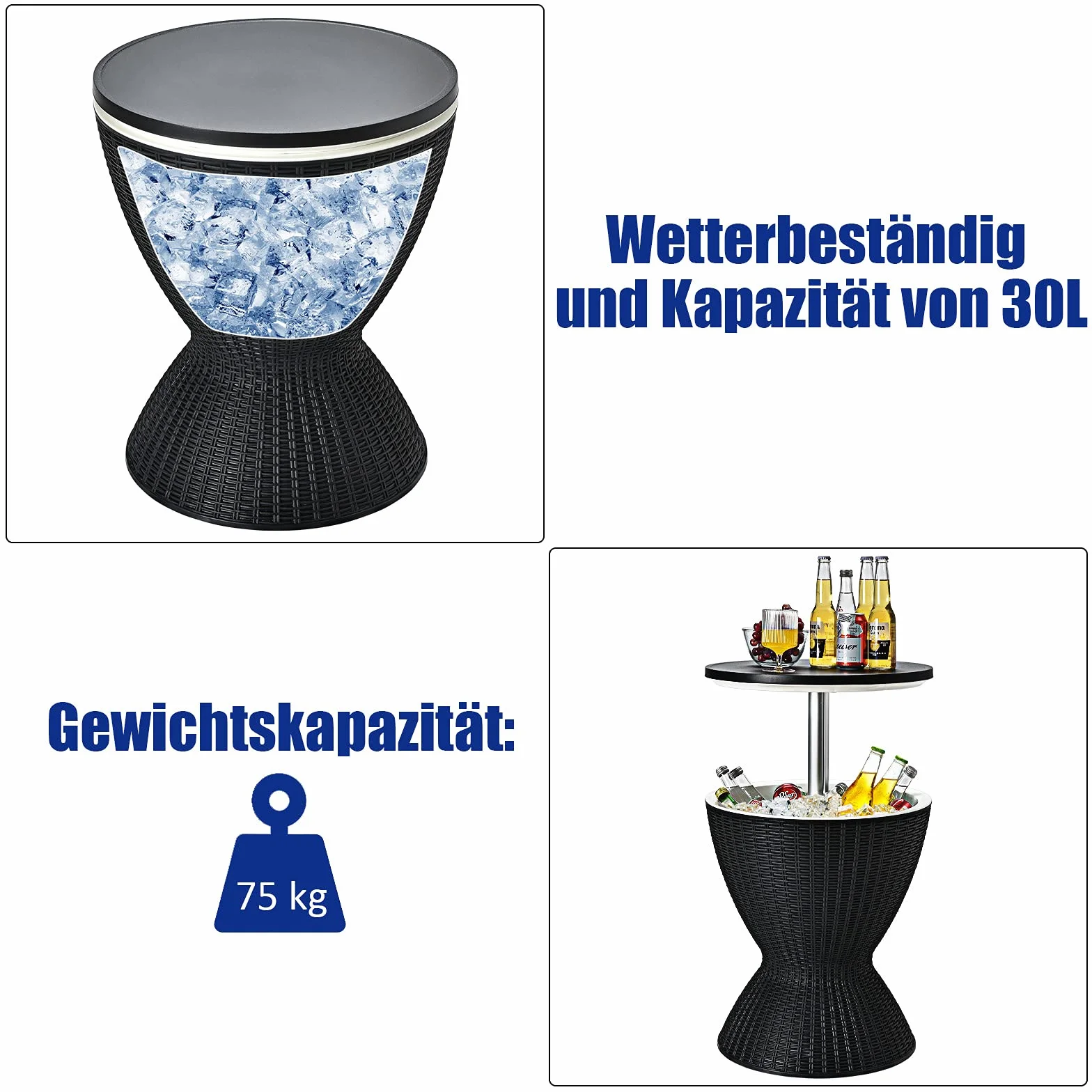 COSTWAY 3 in 1 Cool Bar, höhenverstellbarer Beistelltisch, 30L Outdoor Bier- und Weinkühler in Rattanoptik, Getränkekühler mit Abflussloch, für Terrasse, Party, Poolbereiche, Schwarz