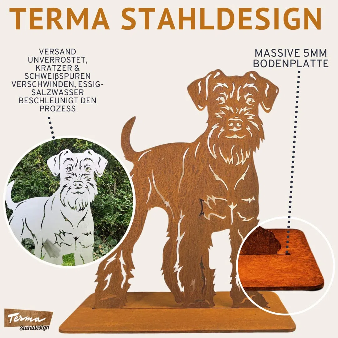 Terma Stahldesign Rost Hund Zwergschnauzer Lebensgroß Handmade Germany Gartendeko aus Metall Figur Geschenk Rostfigur Gartenfigur, Hundegrab