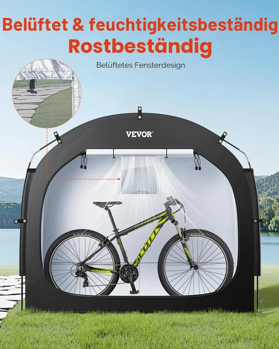 VEVOR Fahrradzelt, 3 bis 4 Fahrräder, geräumige Fahhrradgarage mit belüftetem Fenster, einfach zu installierende Fahrradschuppe mit hochfestem Fiberglas & Doppelreißverschlüssen, 203x122x169 cm