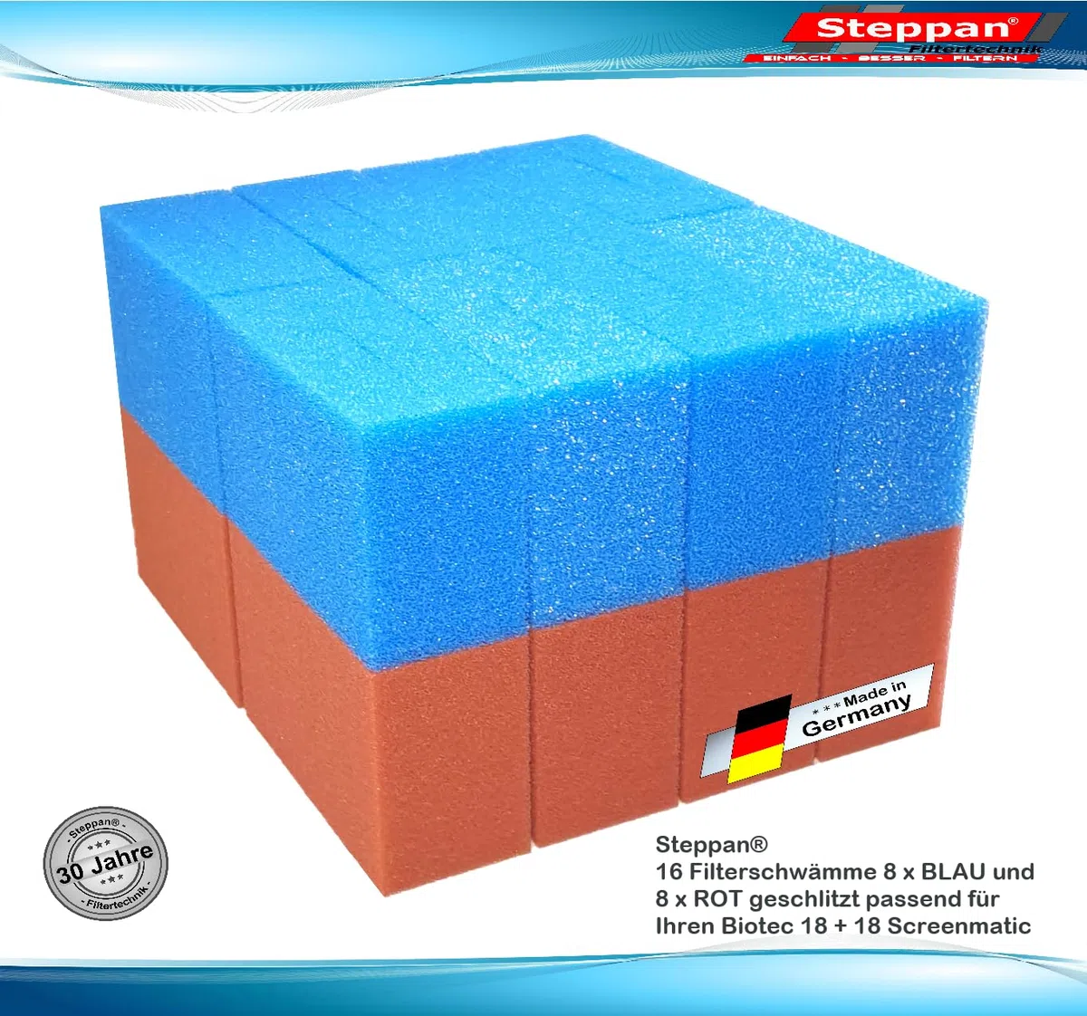 16 Filterschwämme 8 x BLAU und 8 x ROT geschlitzt für Biotec 18 und 18 Screenmatic 21,5 x 15,5 x 9 cm BLAU Grob = PPI 10 ROT Fein = PPI 30