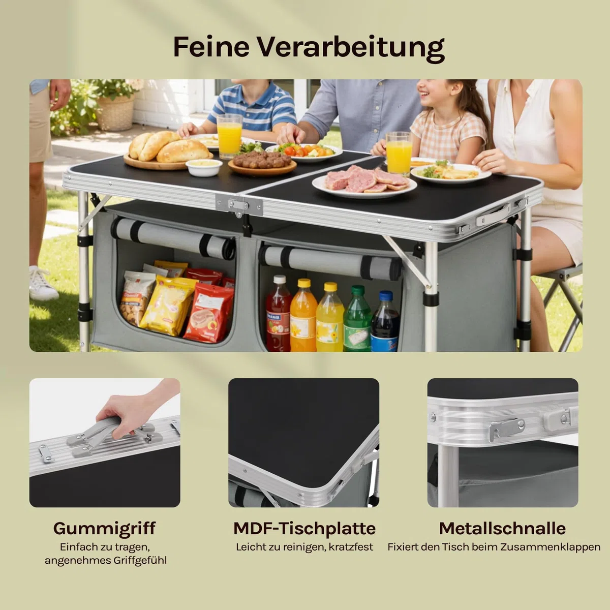 WOLTU faltbar Campingschrank Alu Campingtisch Höhenverstellbar mit Stauraum, Outdoor Campingmöbel Klapptisch Gartentisch für Picknick Strand im Freien, Schwarz+Grau