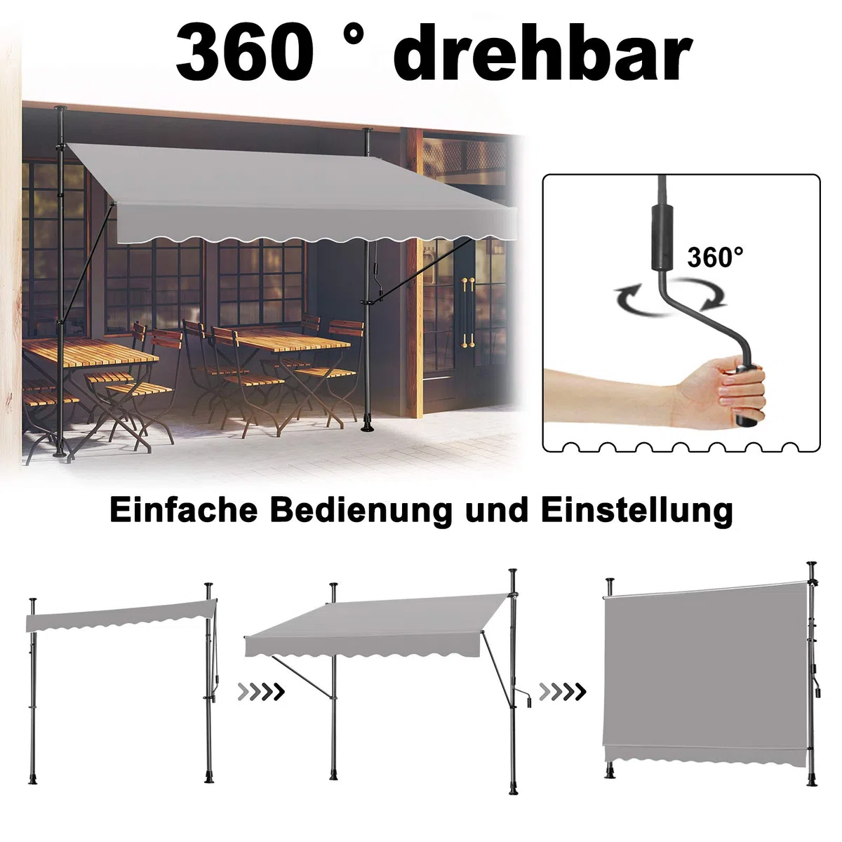 Klemmmarkise Balkon, Markise Einziehbar Manuell, Handkurbel, höhenverstellbar, UV-beständig, ohne Bohren, 100% Polyester (250x120cm, Grau)