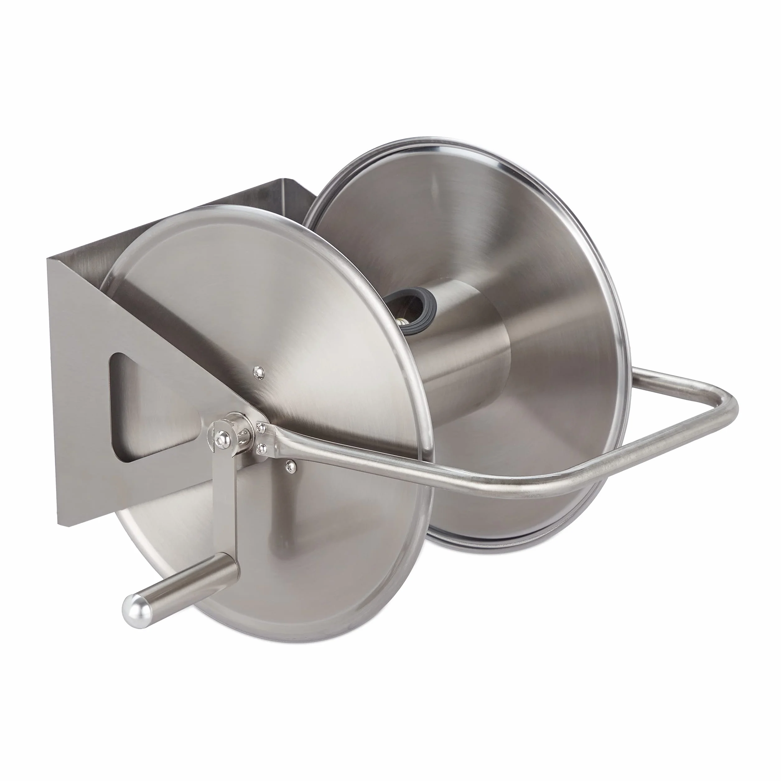 Relaxdays Schlauchtrommel Edelstahl, Schlauchaufroller leer, Boden & Wand, für 40m Gartenschlauch, Schlauchrolle, silber, 43.5 x 43.5 x 31.5 cm