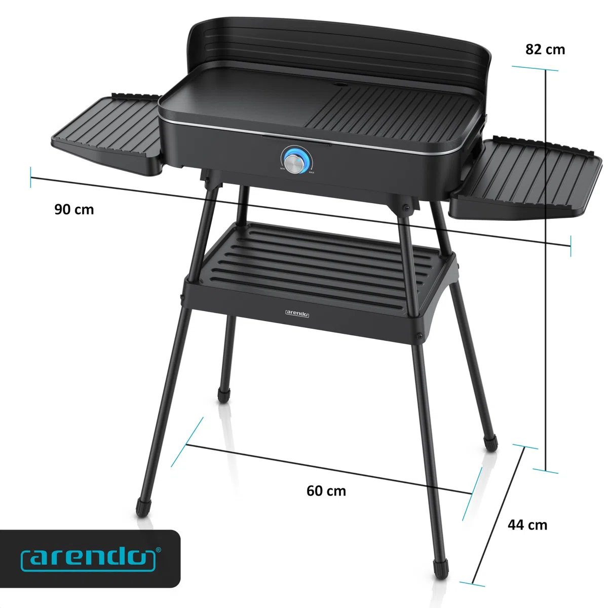 Arendo - Tischgrill Edelstahl, Elektrogrill mit Thermostat, Barbecue Standgrill 2200W, Electric Grill Geteilte Garflächen, Antihaft-Beschichtung, Standfuß mit Ablage, Spritzschutz, Für Balkon Terrasse
