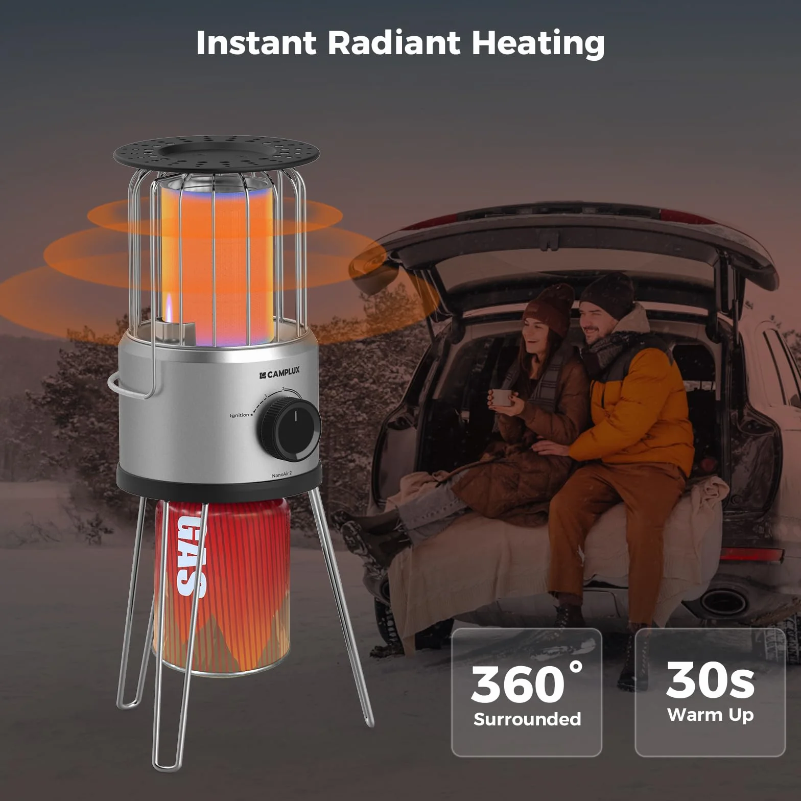 CAMPLUX Nano Tragbarer Gasheizer, 2,34 kW, 2 Stufen, 360° Outdoor-Heizung, 29 mbar Butan, ODS & Kippschutz, Ideal für Camping, Angeln & Garten, NanoAir 2