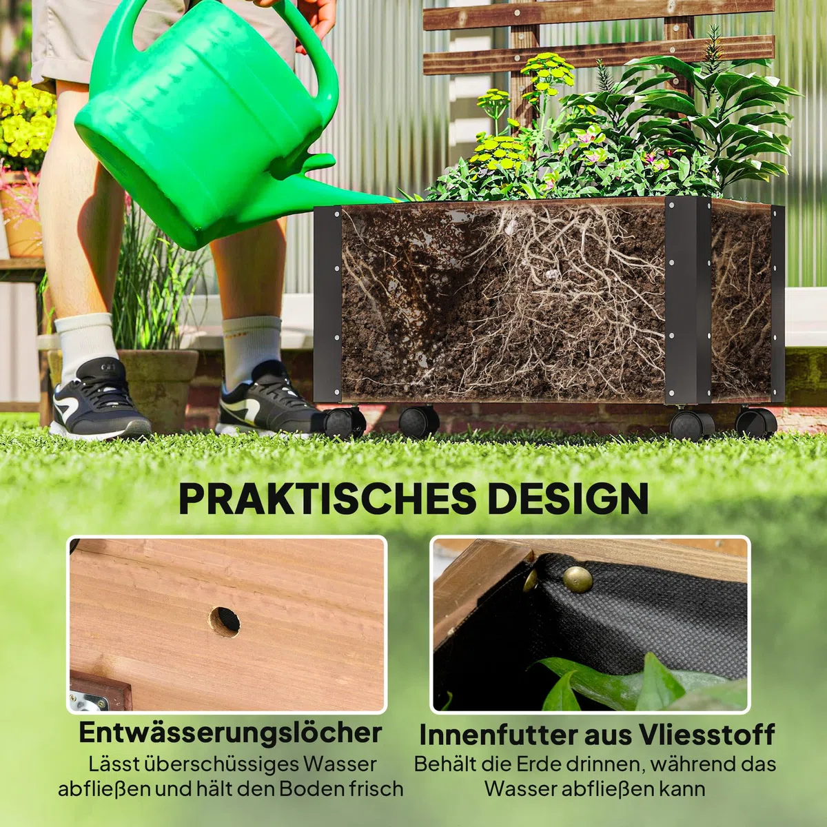 Outsunny Hochbeet Pflanzkasten mit Rankgitter, Spalier Pflanzkübel Blumenkasten Holz, Gemüsebeet mit Rollen, Rankhilfe, Gartenspalier 65x31x147cm für Garten, für Kletterpflanzen, Blumen, Verkohlt