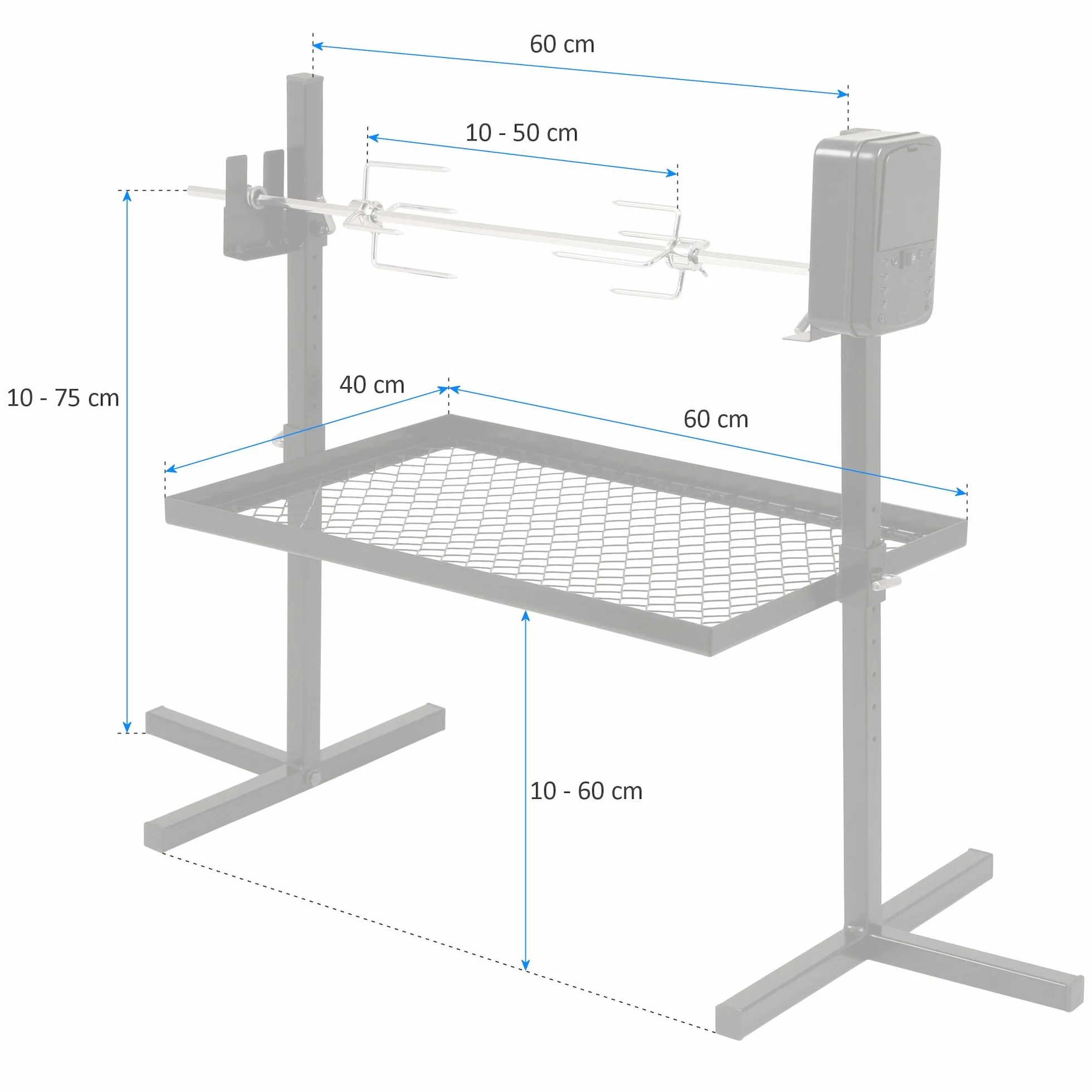 BBQ-Toro Grillspieß Set 70 cm | Drehspieß für Camping Ausflug, Trip, Lagerfeuer | 2 Fleischnadeln, Motor (Batterie), Untergestell mit Kohlerost | Grillzubehör