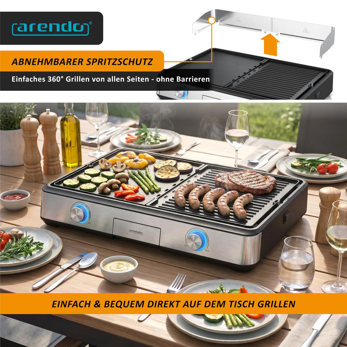 Arendo - Tischgrill elektrisch mit 2 Grillzonen - Electric grill 2 Thermostate - Elektrogrill Edelstahl – 2800W Leistung – Antihaft-Beschichtung –Spritzschutz – Für Balkon Küche Terrasse Garten