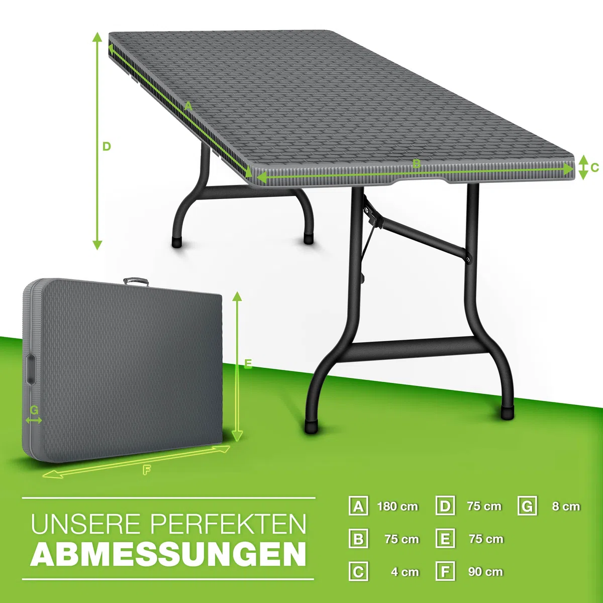 tillvex Gartentisch klappbar Rattan Optik 180x75cm | Buffettisch mit Tragegriff | Klapptisch für Garten Terrasse und Balkon | Campingtisch 6 Personen (Anthrazit)