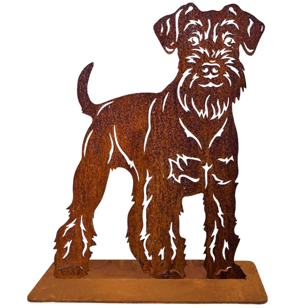 Terma Stahldesign Rost Hund Zwergschnauzer Lebensgroß Handmade Germany Gartendeko aus Metall Figur Geschenk Rostfigur Gartenfigur, Hundegrab