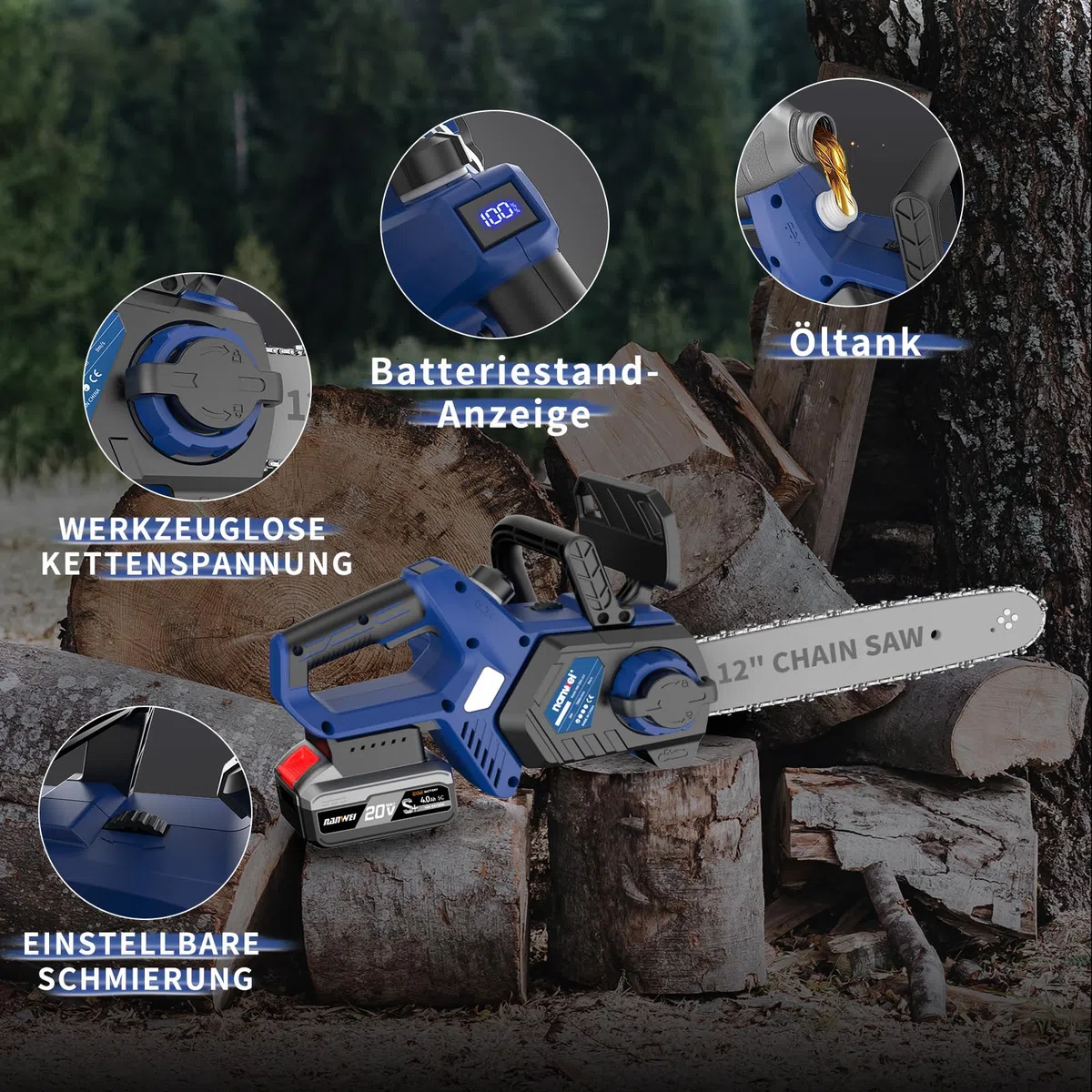 NANWEI Akku Kettensäge 12 Zoll mit 2x 4.0Ah Akku, kabellose Elektrosäge, ausgestattet mit einer Bremsklappe, bürstenlosem Motor (Mit 2 Batterie)