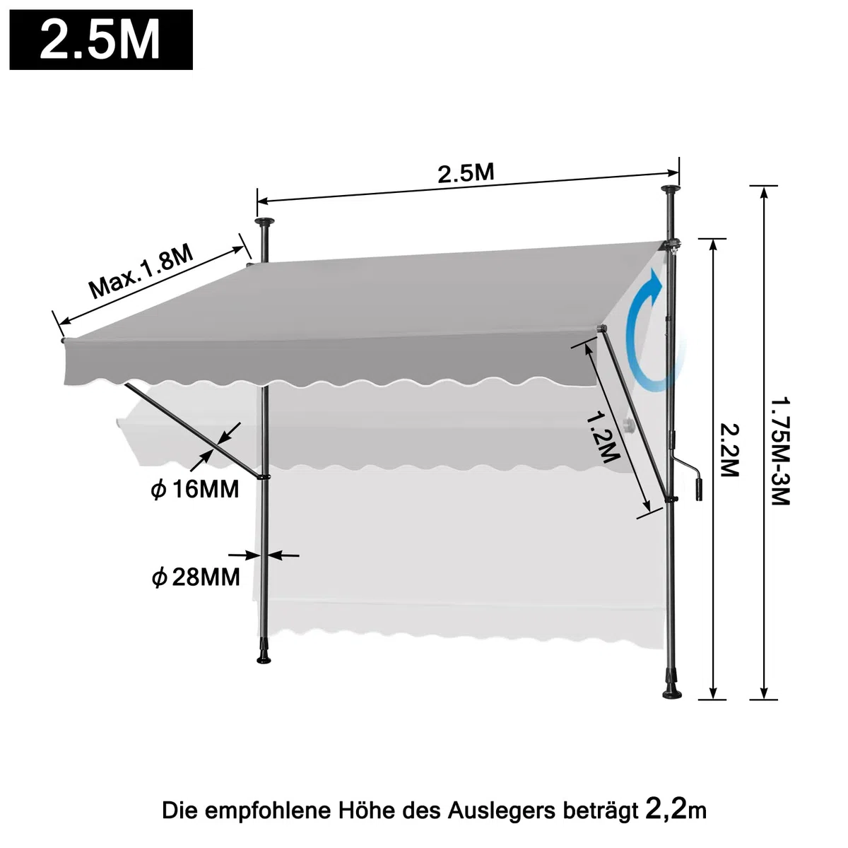 Klemmmarkise Balkon, Markise Einziehbar Manuell, Handkurbel, höhenverstellbar, UV-beständig, ohne Bohren, 100% Polyester (250x120cm, Grau)