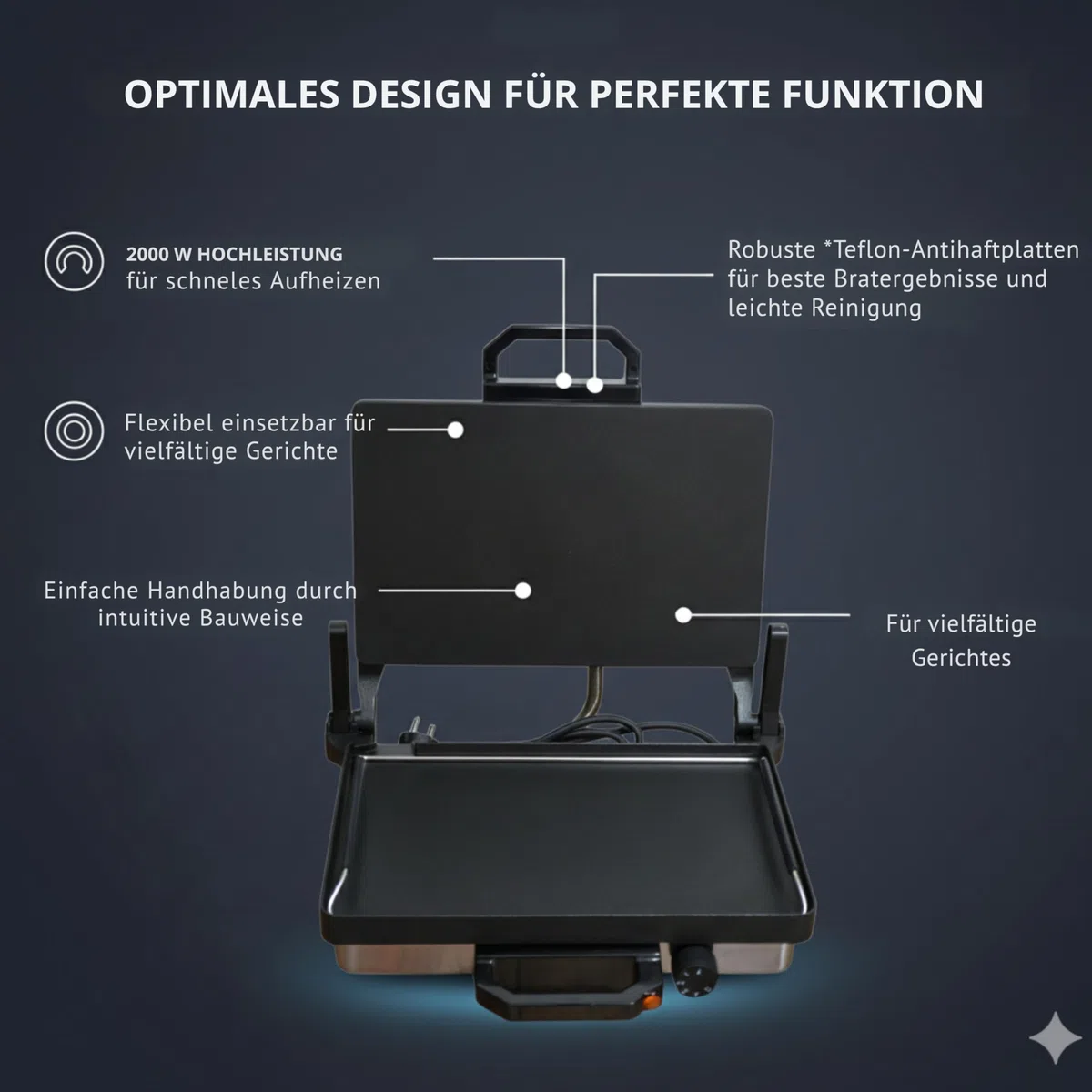 Multigrill, 2000W Elektro-Kontaktgrill, Schwarz, 340x220mm Grillplatten, 5-Stufen Temperaturregelung, für Lahmacun, Fleisch, Toast und Gemüse (1, Teflon)