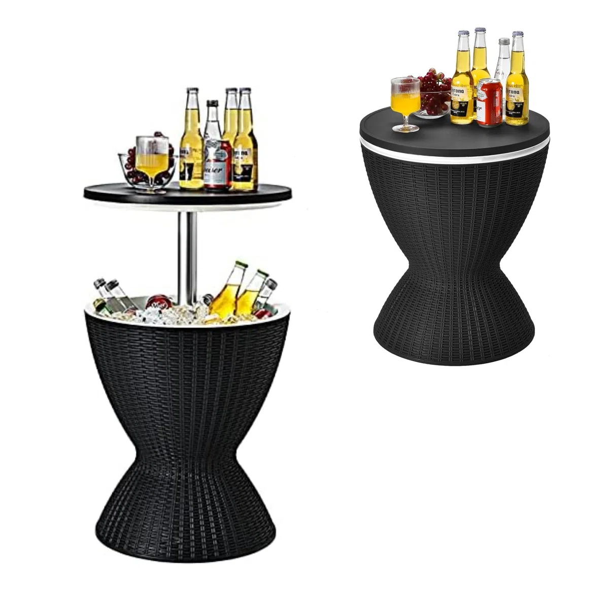 RELAX4LIFE 3 in 1 Beistelltisch Outdoor, Kühltisch in Rattanoptik, Getränkekühler höhenverstellbar, 30 L Cool Bar mit abnehmbarem Deckel & Abflussloch, bis 75kg belastbar, für Party & Camping, Schwarz