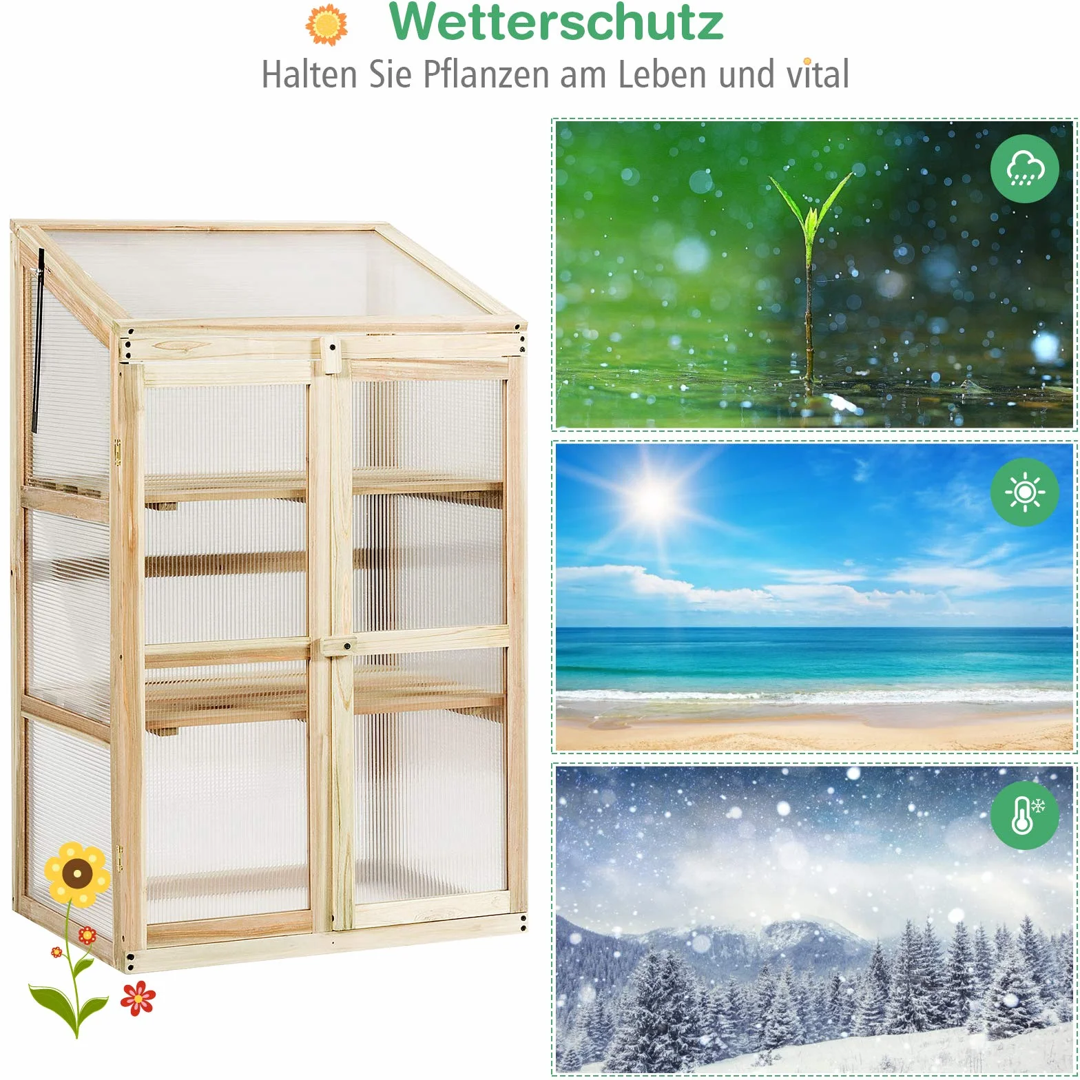 GOPLUS Frühbeet, Frühbeetkasten mit Abdeckung, Gewächshaus aus Tannenholz & Polycarbonat, Hochbeet Treibhaus für Garten & Balkon, 60 x 45 x 100 cm