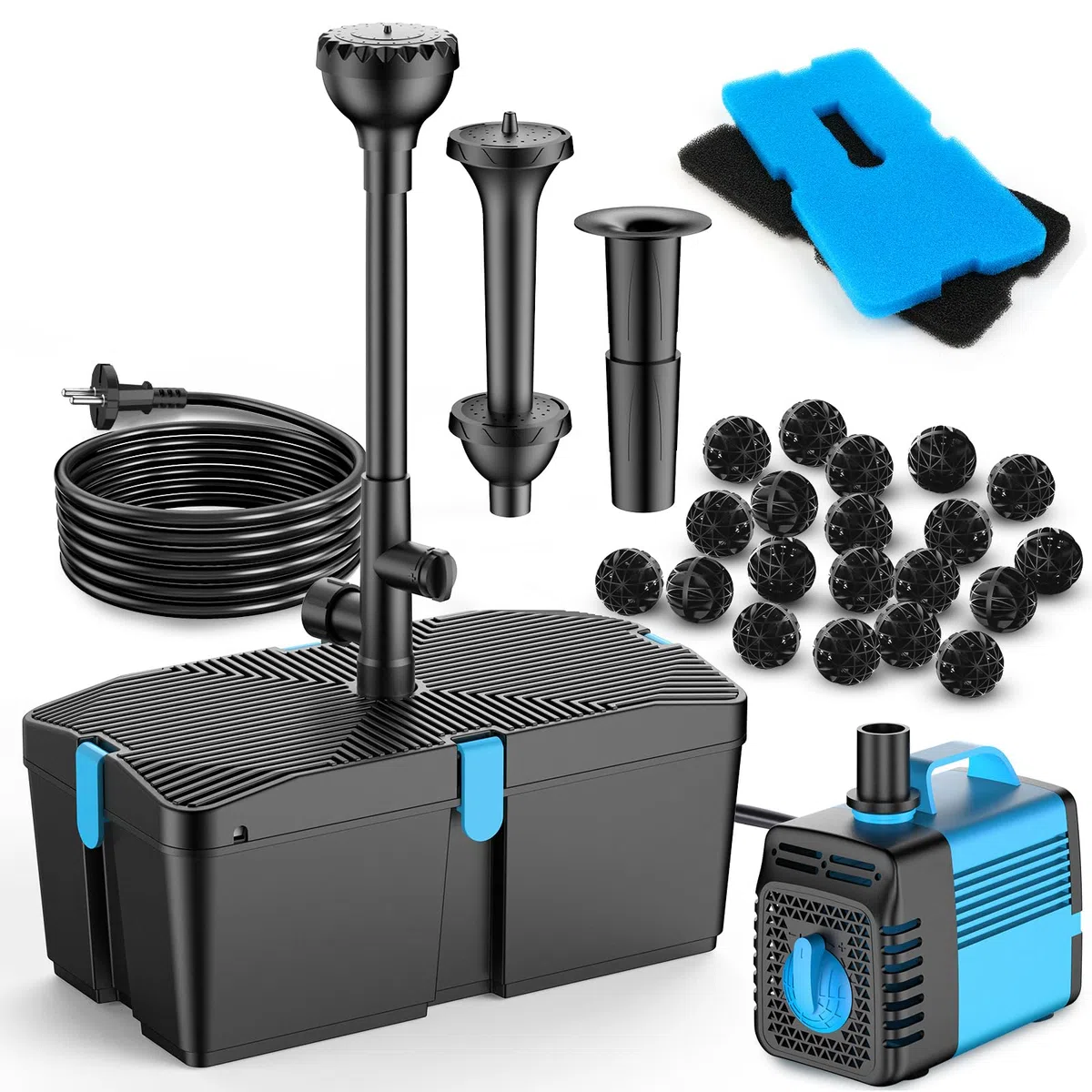 Teichpumpe mit Filter und Springbrunnen Set, 50W 2500L/H Teichpumpe und Filter-Kit, Teichfilter für Außenteiche, sauberer Koi-Teichfilter