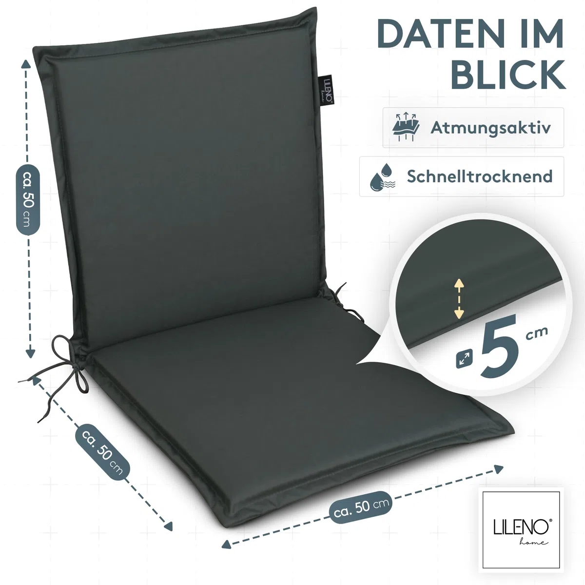 LILENO HOME Gartenstuhl Auflagen [4er Set - Niedriglehner] in Anthrazit - Bequeme Liegen als Sitzauflagen für Gartenmöbel - Stuhlkissen für Gartenstühle und Klappstühle MIA