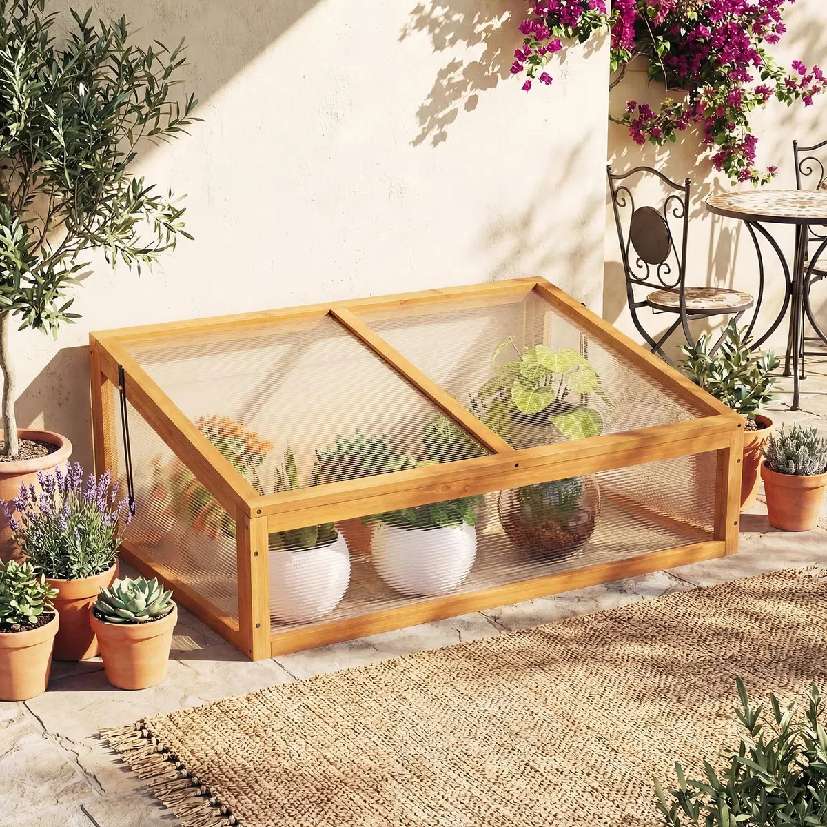 GYMAX Frühbeet Holz, Frühbeetaufsatz mit klappbares Dach, Fruhbeet Gewachshaus, Frühbeetkasten Aufsatz, Pflanzkasten für Balkon & Terrasse, 94 x 63 x 40 cm (Orange)