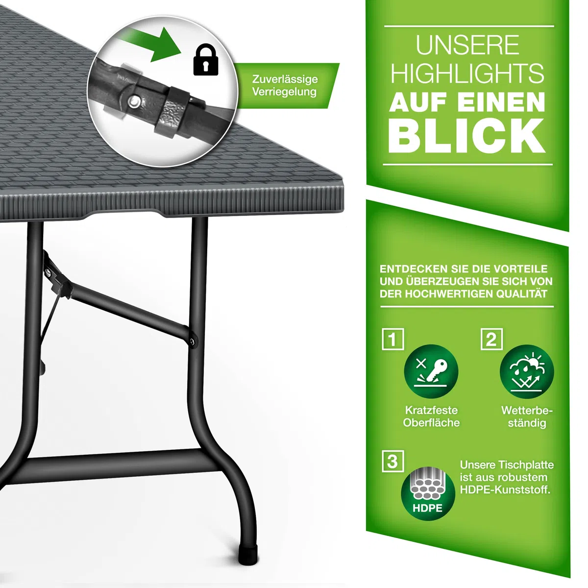 tillvex Gartentisch klappbar Rattan Optik 180x75cm | Buffettisch mit Tragegriff | Klapptisch für Garten Terrasse und Balkon | Campingtisch 6 Personen (Anthrazit)