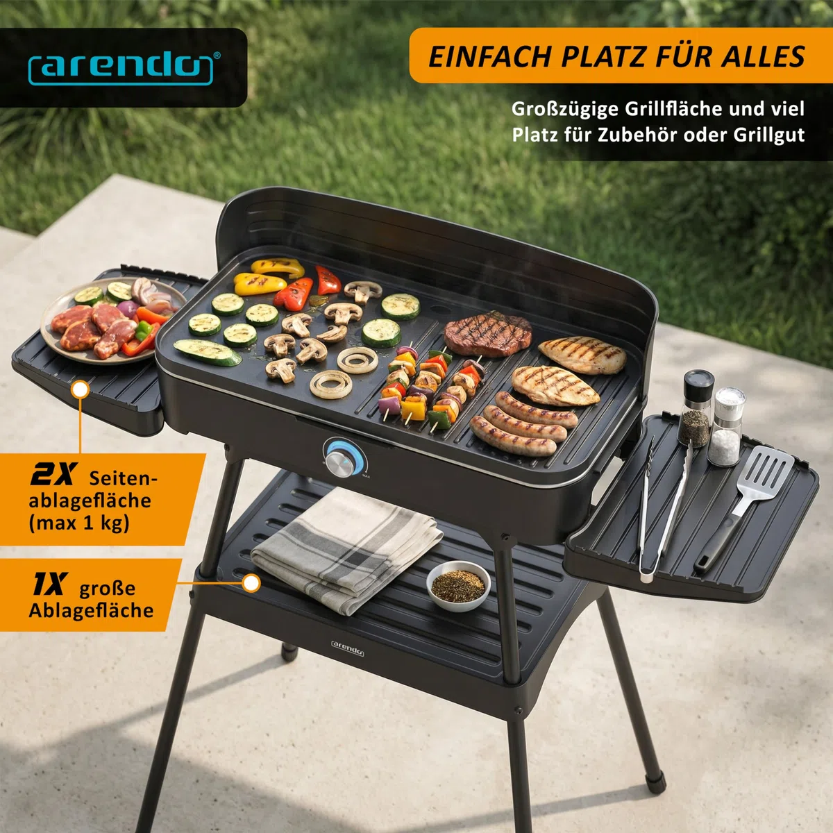 Arendo - Tischgrill Edelstahl, Elektrogrill mit Thermostat, Barbecue Standgrill 2200W, Electric Grill Geteilte Garflächen, Antihaft-Beschichtung, Standfuß mit Ablage, Spritzschutz, Für Balkon Terrasse