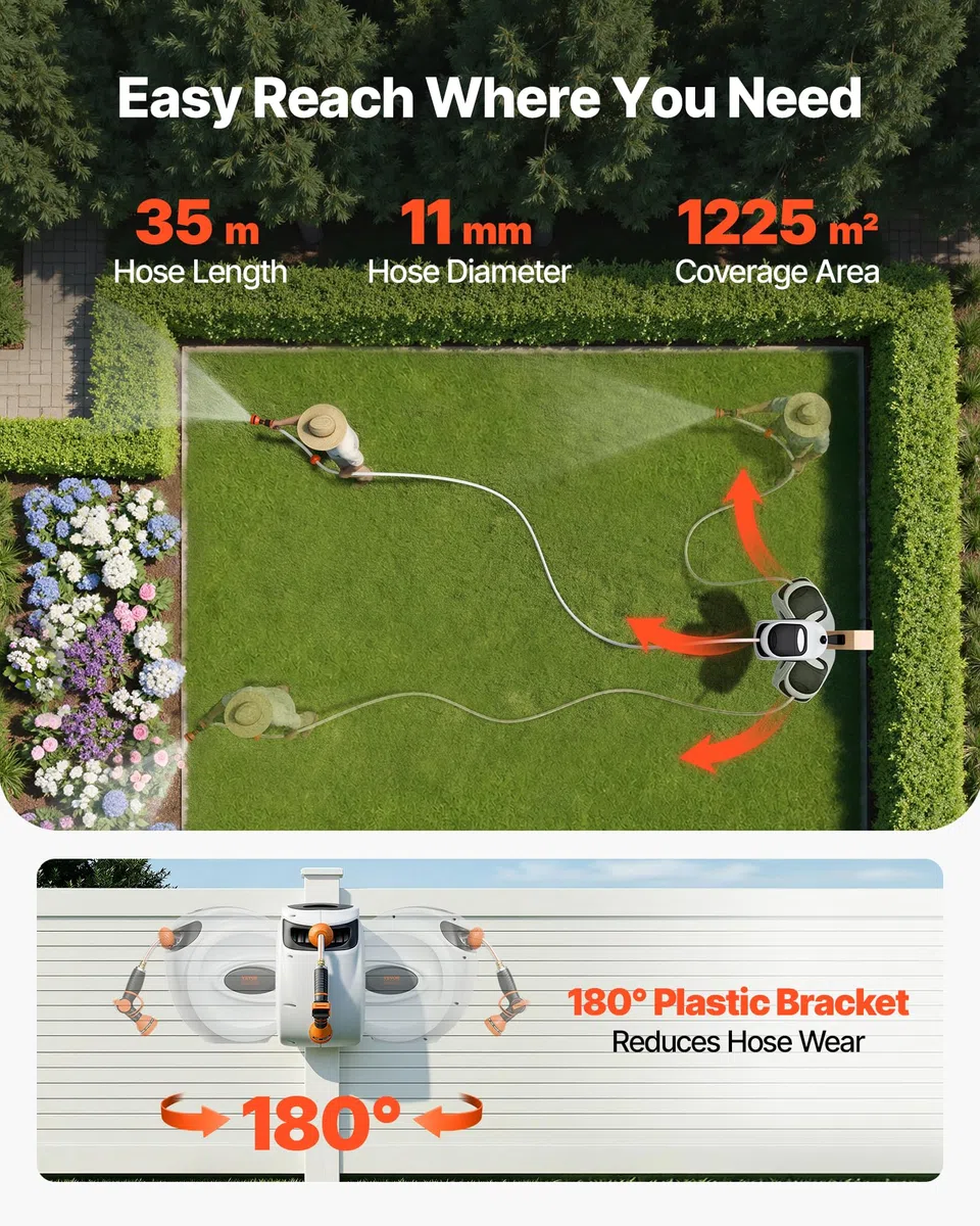 VEVOR Schlauchtrommel Wasser 35mx12mm mit Wandhalterung Tragegriff Schlauchaufroller mit 9-Muster-Sprühdüse & Gartenschlauch 180° Schwenkbar Wand-Schlauchbox mit Aufroll-Automatik Gießen Autowaschen