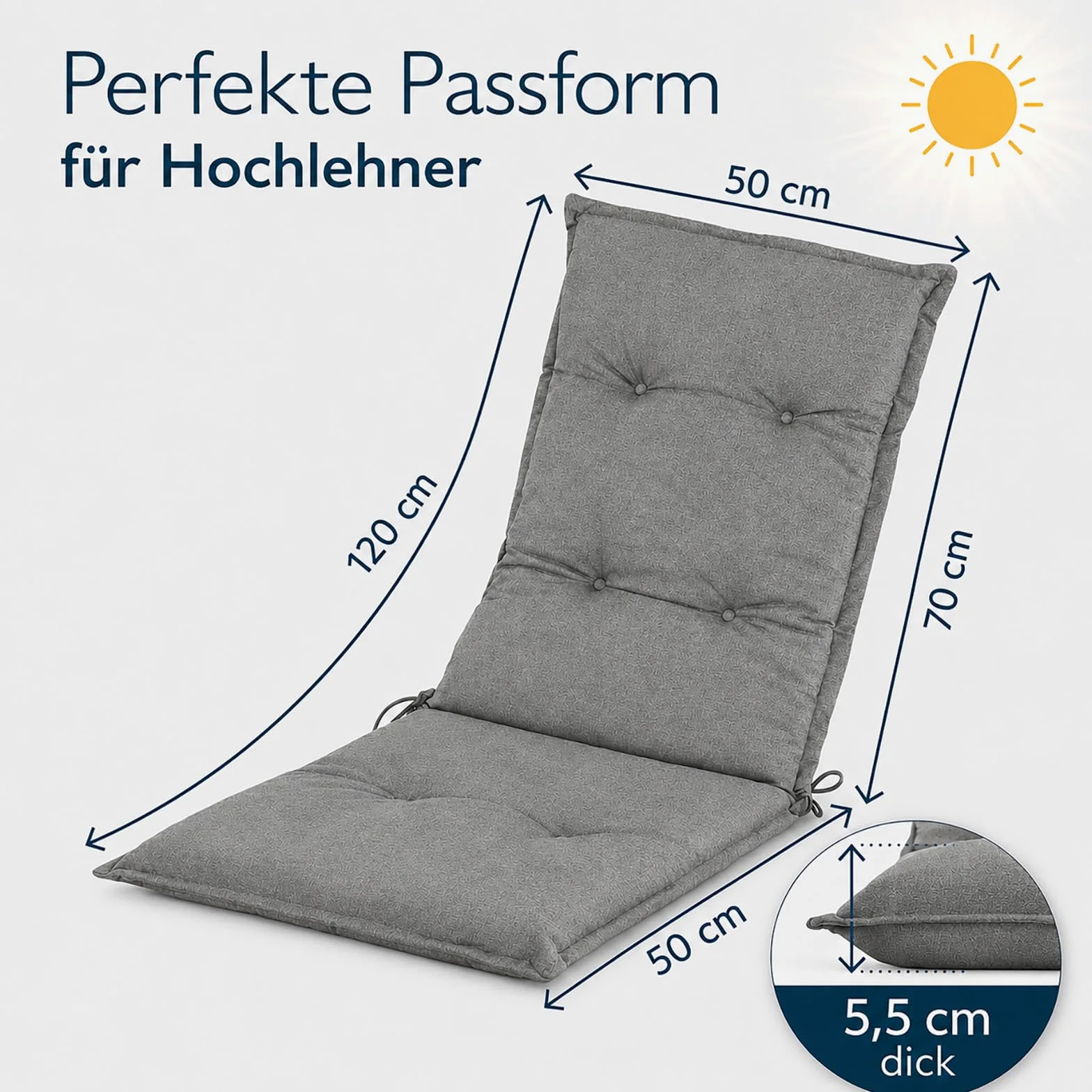 Hochlehner Auflagen 6er Set 120x50x5,5cm Anthrazit Grau Gartenstuhl Komfort | BURI Gartenstuhlauflage wetterfest mit Schaumkern, Vollvlies und Bindebändern für langlebigen Sitzkomfort im Außenbereich