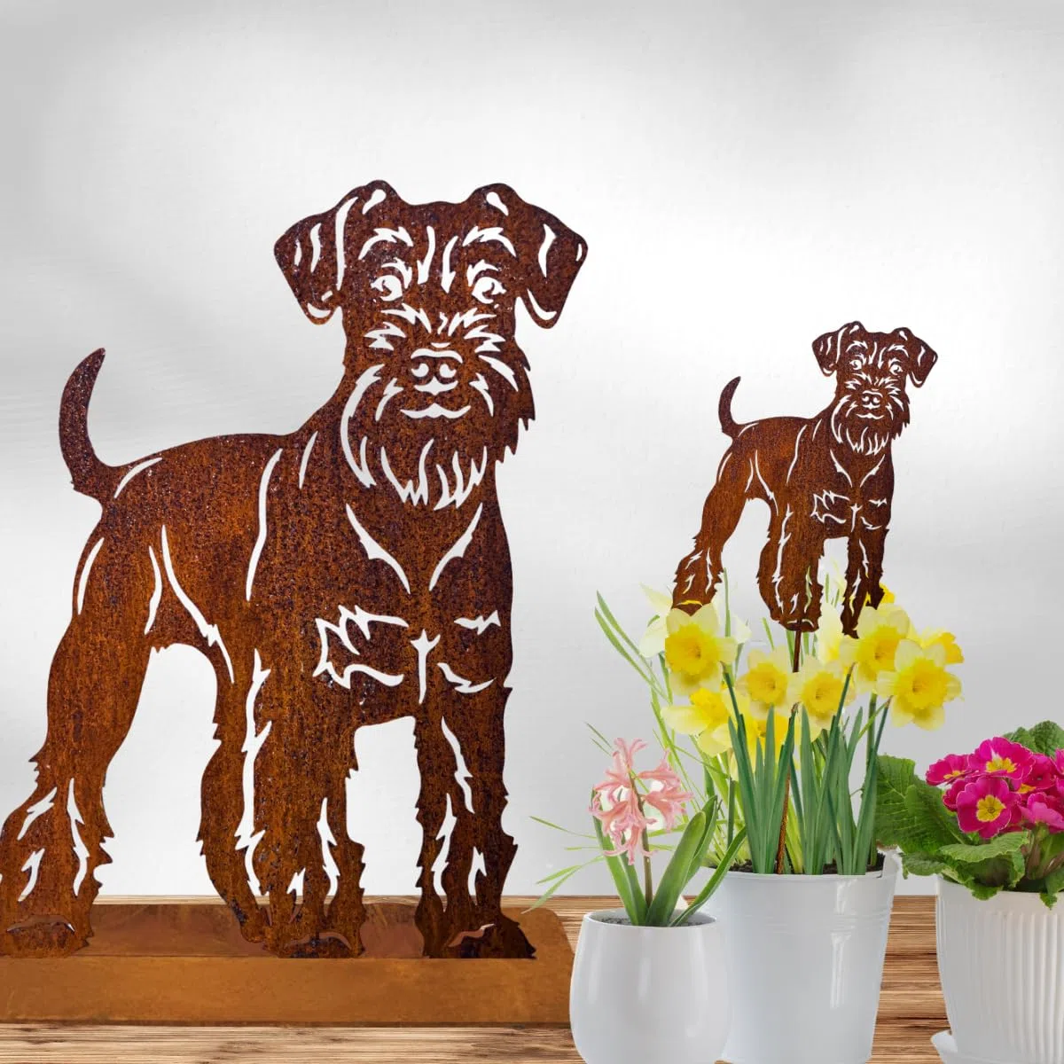 Terma Stahldesign Rost Hund Zwergschnauzer Lebensgroß Handmade Germany Gartendeko aus Metall Figur Geschenk Rostfigur Gartenfigur, Hundegrab