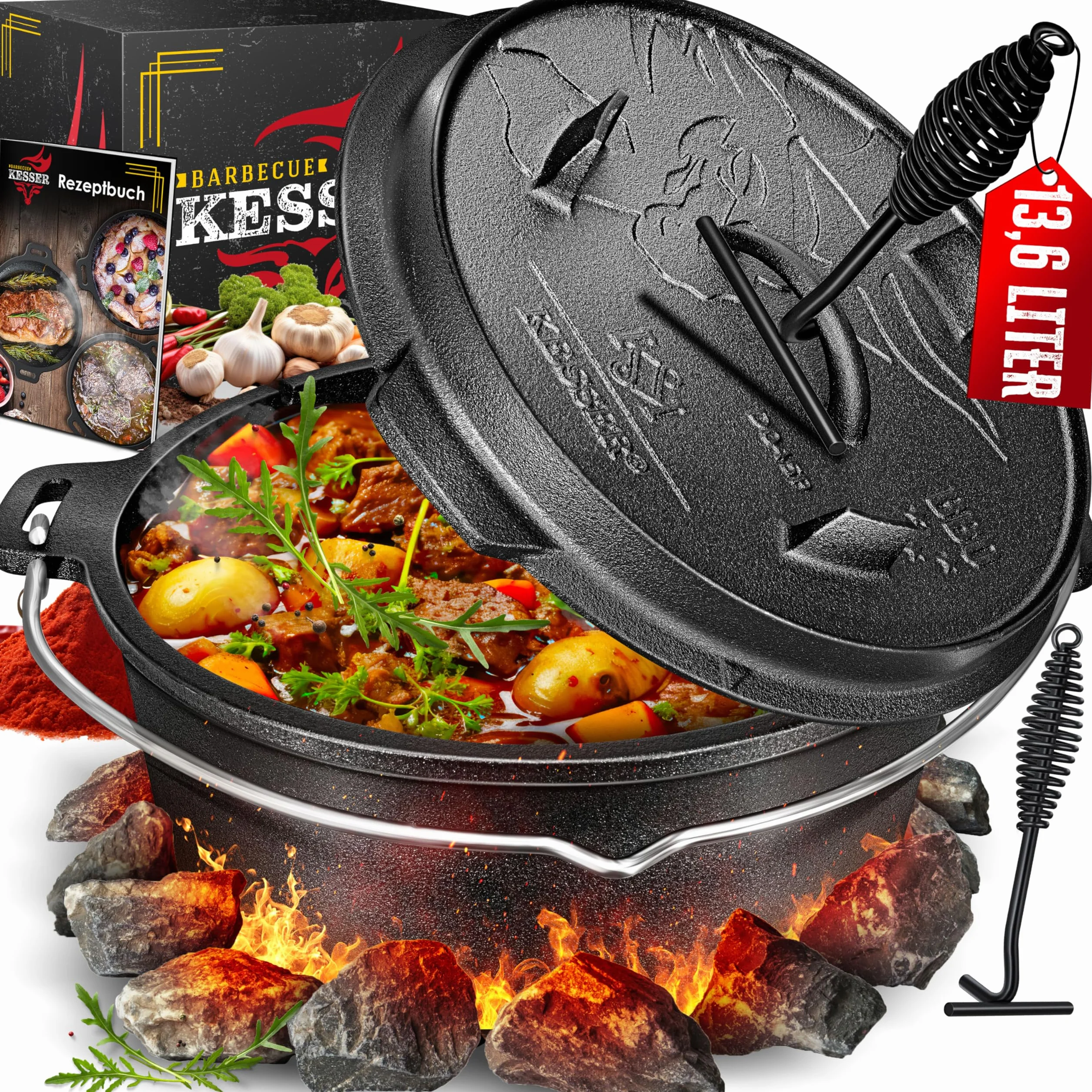 KESSER® Dutch Oven Set BBQ 13,6 Liter Feuertopf Schmortopf, Gusseisen Topf mit Deckelheber Henkel und Schlitz für Themormeter, kochkessel Grilltopf Gulaschkessel für Oudoor & Indoor