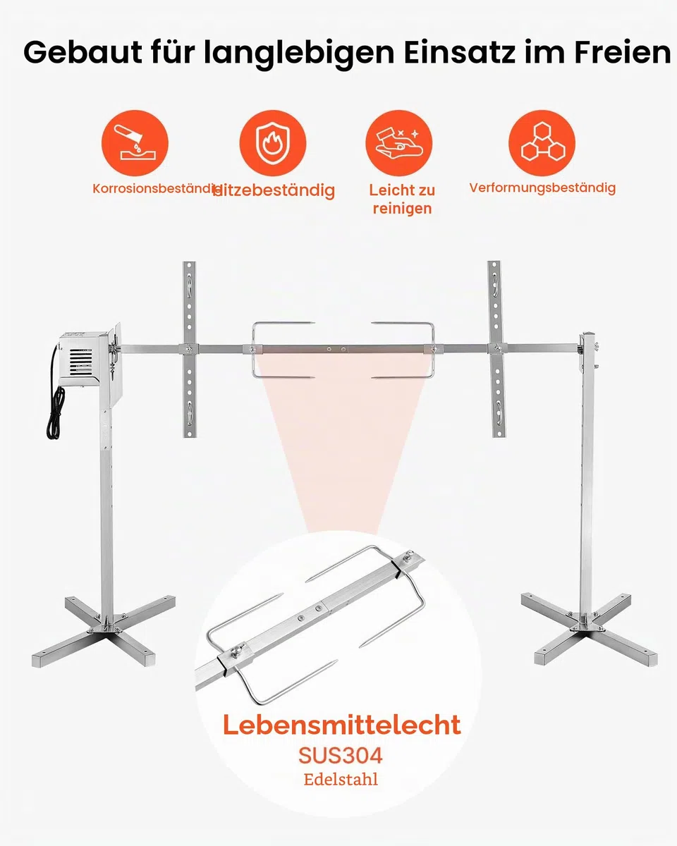 VEVOR Spanferkelgrill Lammgrill Spießbratengrill 1321 mm Rotisserie-Grill AC 220-240 V, 8-stufiges elektrisches Rotisserie-Grill-Set mit 40 kg Tragkraft, 38 W Motor Grillset für Partys