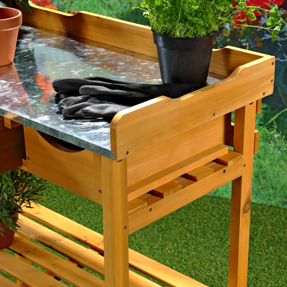 Melko Gartenarbeitstisch Gartentisch Pflanzentisch mit DREI Schubladen im Landhausstil aus Fichtenholz für den Außenbereich, 80 x 40 x 82 cm, Honigton Braun
