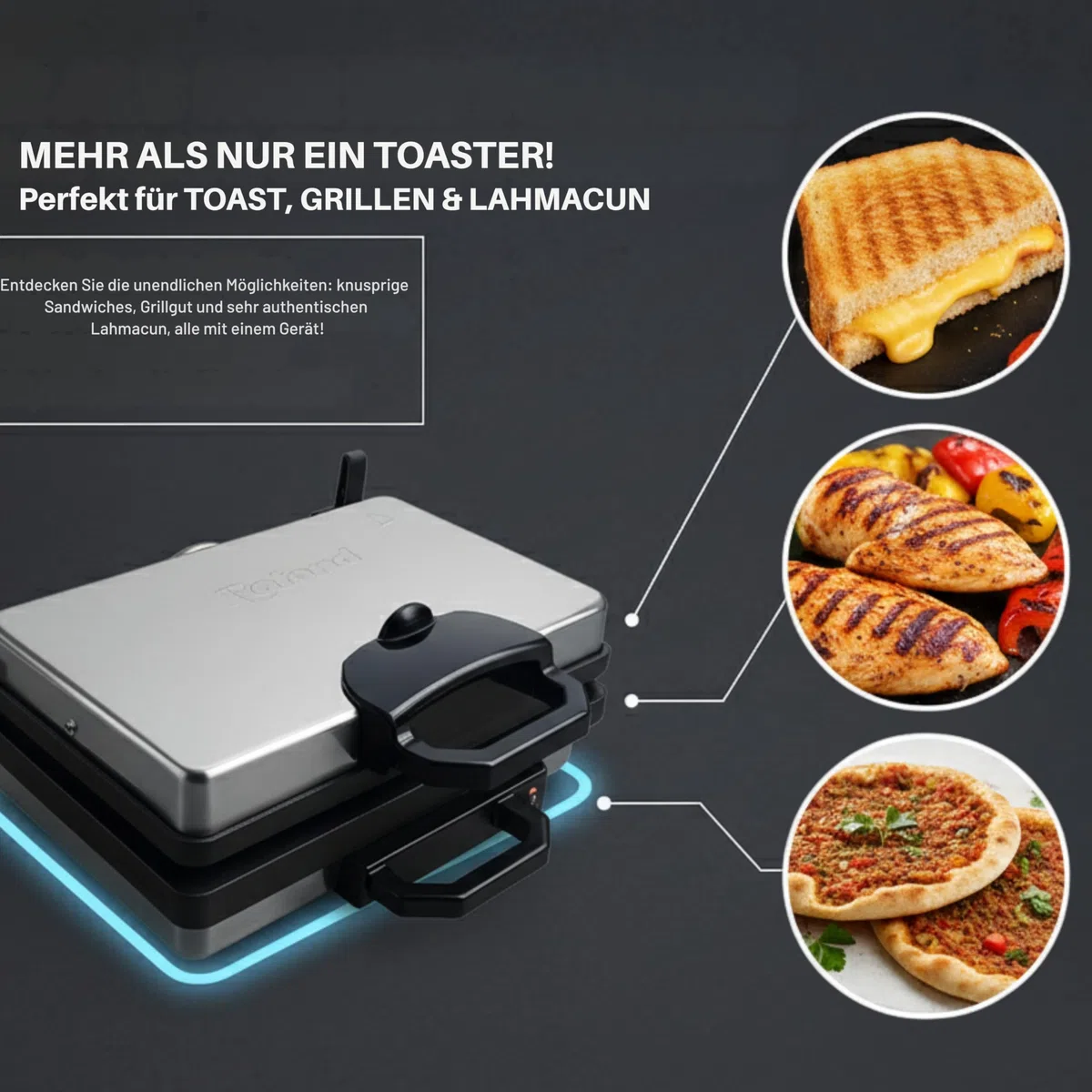 Multigrill, 2000W Elektro-Kontaktgrill, Schwarz, 340x220mm Grillplatten, 5-Stufen Temperaturregelung, für Lahmacun, Fleisch, Toast und Gemüse (1, Teflon)