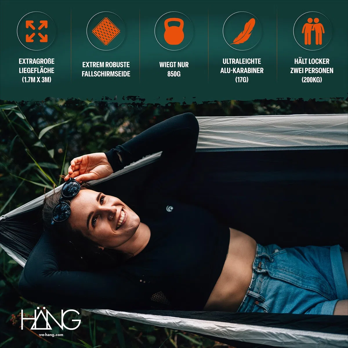 HÄNG XXL Hängematte 300 x 170 cm Outdoor - Wetterfest & Ultraleicht (850 g), 200 kg Belastbarkeit - für 2 Personen aus Fallschirmseide für Camping, Reise & Garten inkl. Befestigungsset