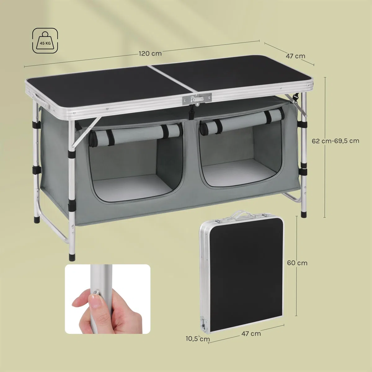 WOLTU faltbar Campingschrank Alu Campingtisch Höhenverstellbar mit Stauraum, Outdoor Campingmöbel Klapptisch Gartentisch für Picknick Strand im Freien, Schwarz+Grau