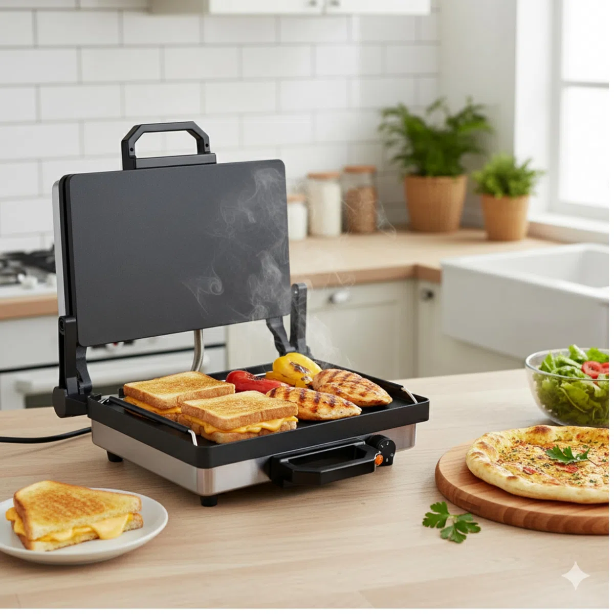 Multigrill, 2000W Elektro-Kontaktgrill, Schwarz, 340x220mm Grillplatten, 5-Stufen Temperaturregelung, für Lahmacun, Fleisch, Toast und Gemüse (1, Teflon)