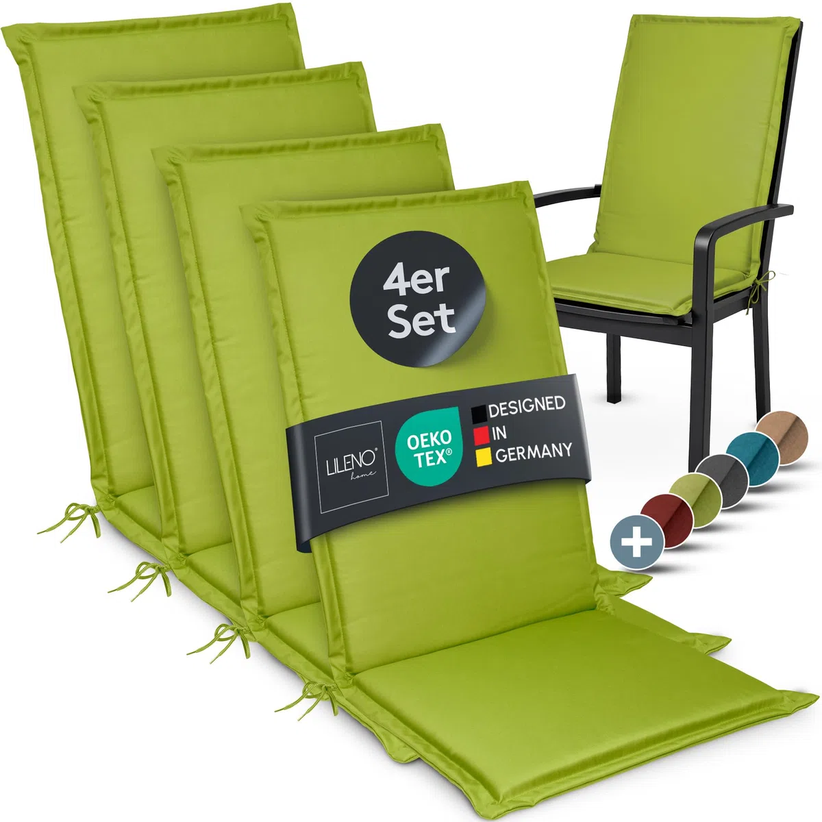 LILENO HOME Gartenstuhl Auflagen [4er Set - Hochlehner] in Apfelgrün - Bequeme Liegen als Sitzauflagen für Gartenmöbel - Stuhlkissen für Gartenstühle und Klappstühle MIA
